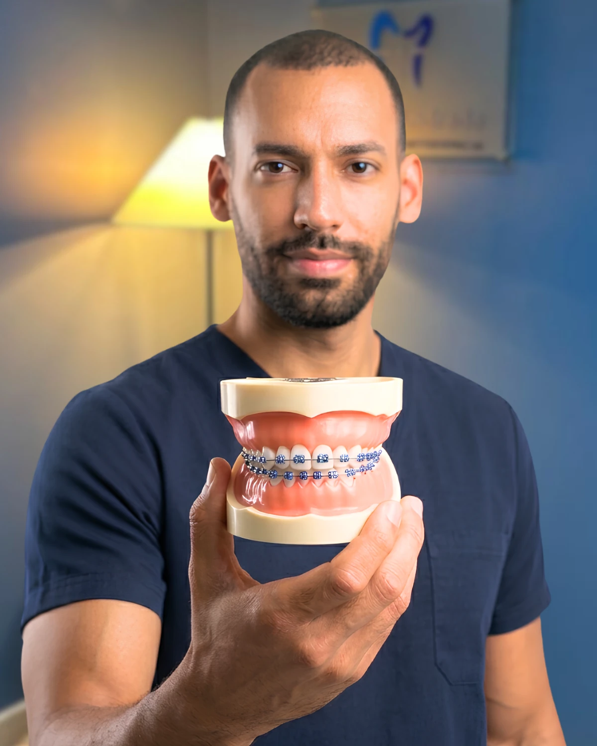 Dr. Miguel Andrade mostrando un modelo dental con brackets metálicos
