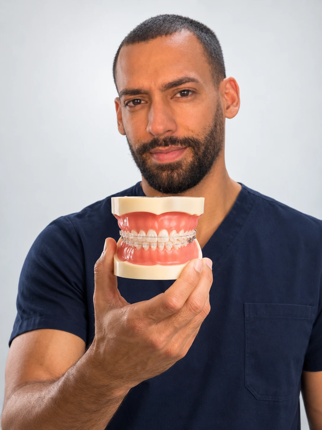 Dr. Miguel Andrade mostrando un modelo dental con brackets de zafiro