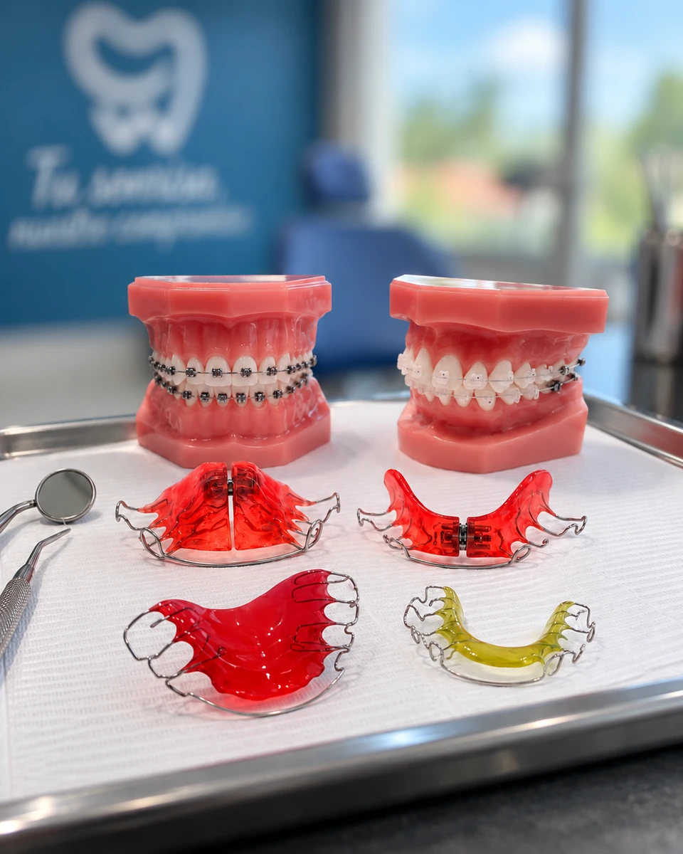 Modelos con brackets y aparatología de ortodoncia utilizados para explicar diferentes alternativas de tratamiento